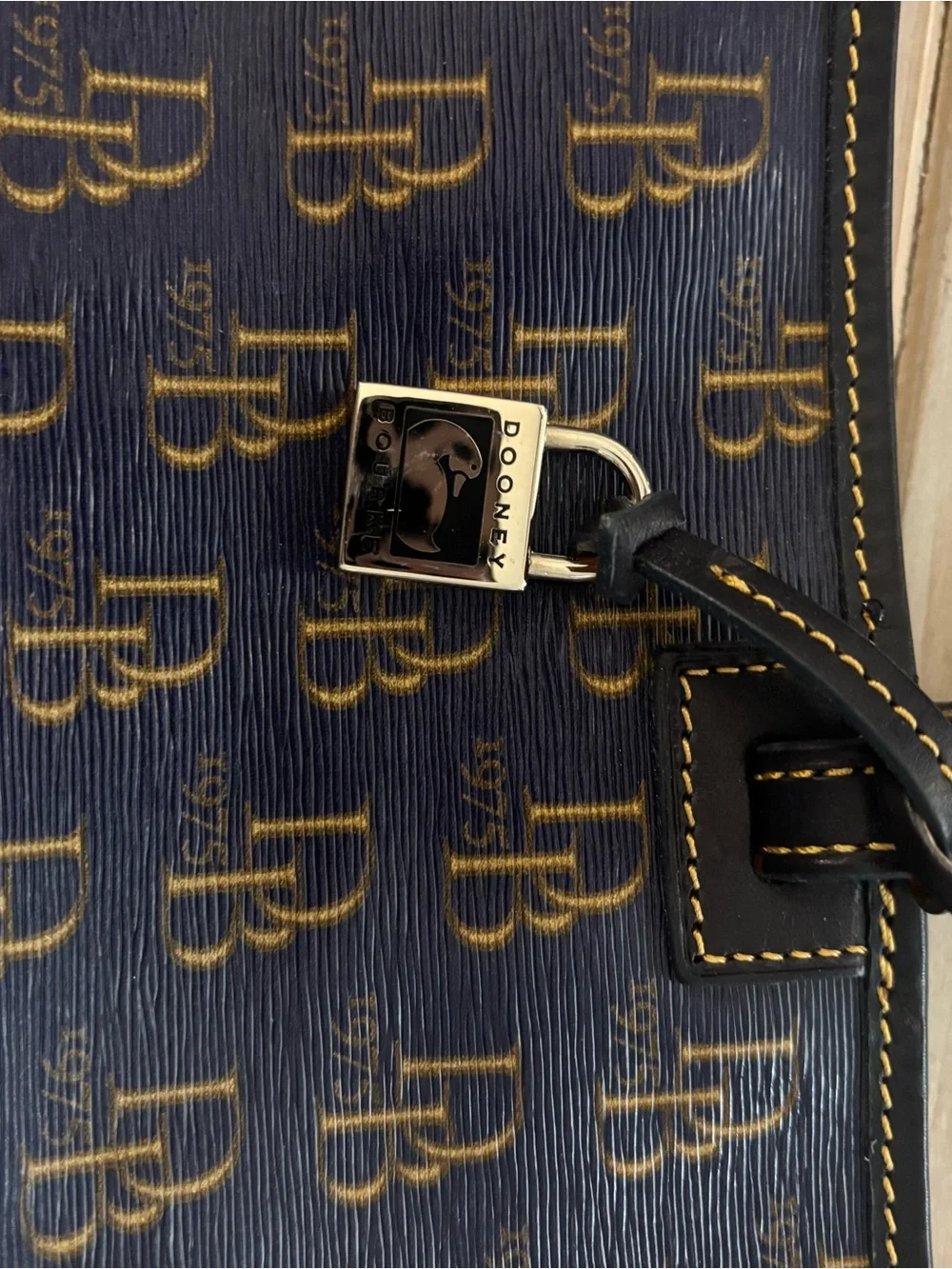 Dooney & Bourke Navy Logo Tote with Tan and Black Accents
